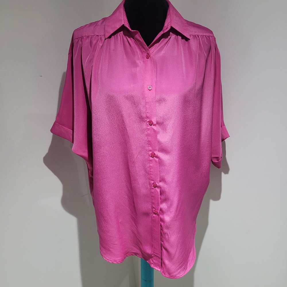 Como Black Women's Asymmetrical Satin Button Down Blouse Medium Fuchsia Pink